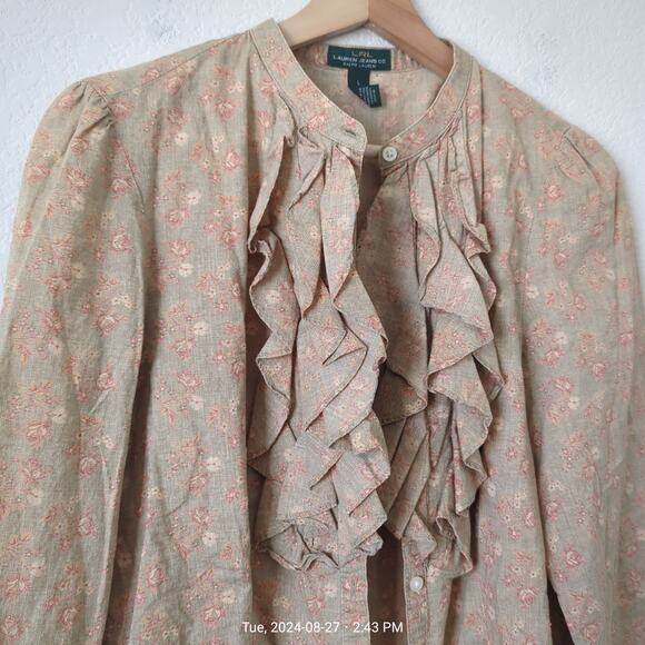 Ralph Lauren Button Up Womens L Top Country Cottagecore Boho Tan Floral Granny - Picture 2 of 8
